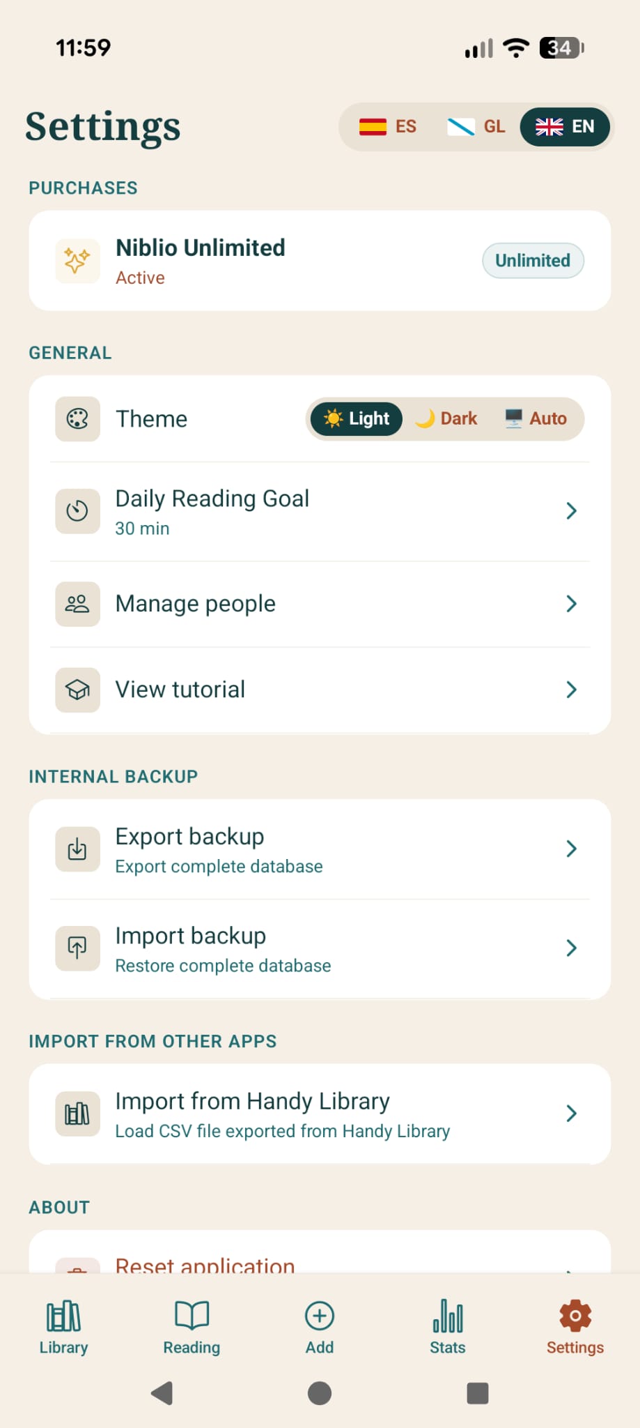 Settings screen